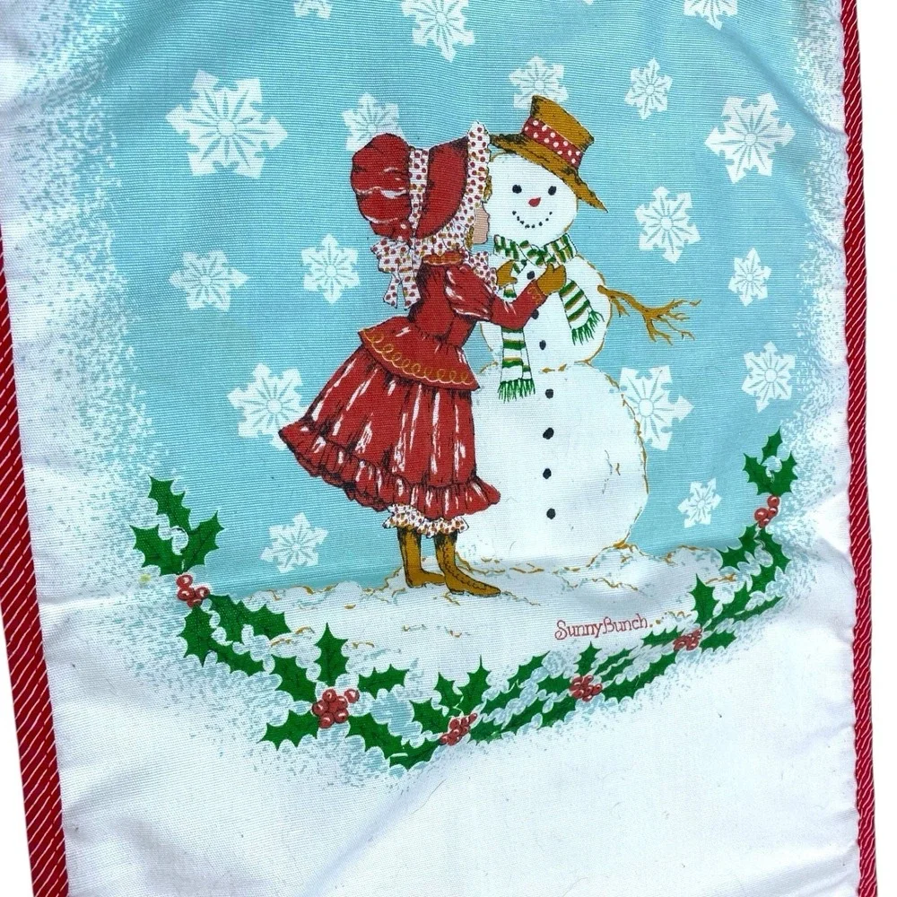 VTG 80s Christmas Table‎ Runner Snowman Girl Sunny Bunch Holiday Decor RETRO